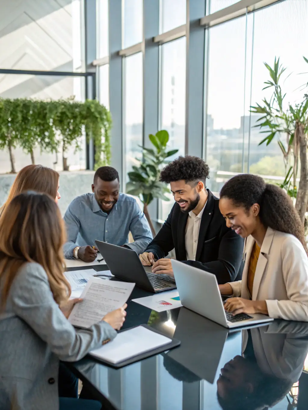 A diverse team collaborating on a website project in a modern office, symbolizing Tech Vanjara's collaborative and innovative approach to web development.