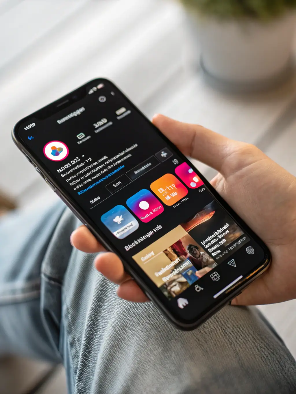 A smartphone showing social media ads with analytics graphs and engagement icons, illustrating Tech Vanjara's Social Media Advertising service.