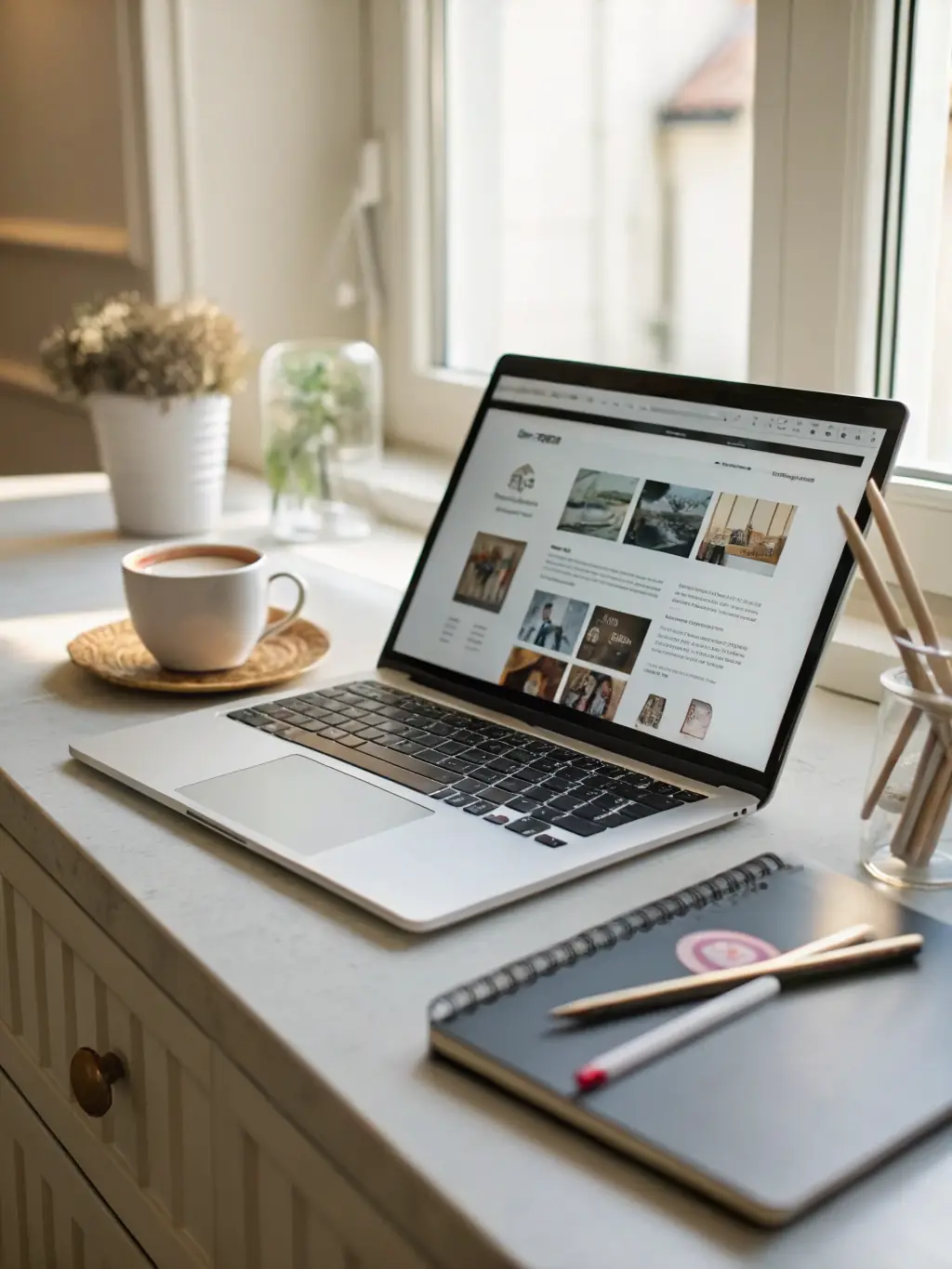 A modern laptop displaying a beautifully designed website on its screen, with design tools and color palettes around, representing Tech Vanjara's Website Design and Development service.