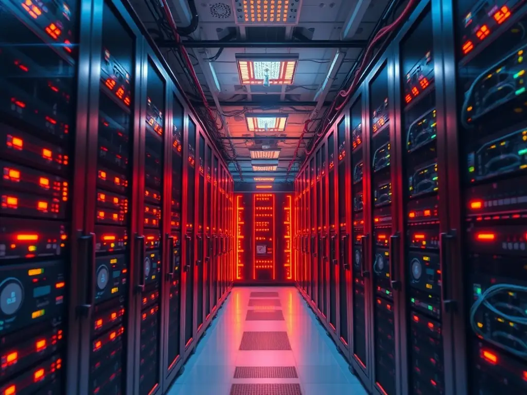 A secure server room with blinking lights, symbolizing website maintenance and security updates.
